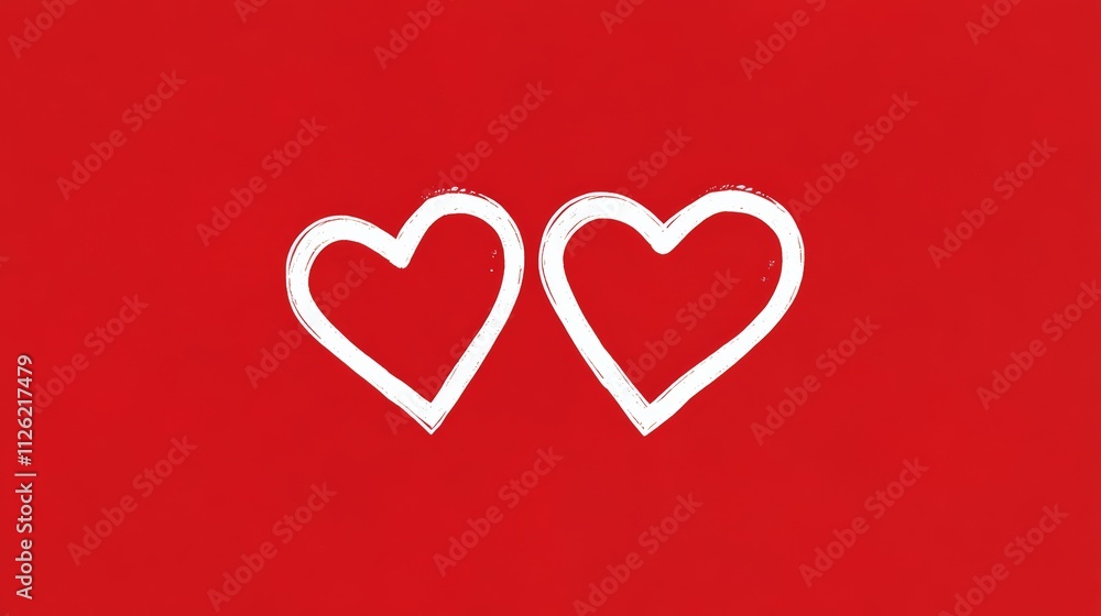 Two hearts are drawn on a red background. The hearts are white and are placed close to each other Two hearts are drawn on a red background. The hearts are white and are placed close to each other