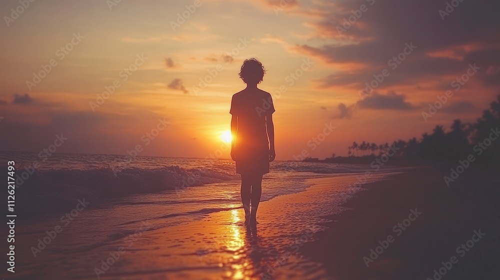 A silhouette of a person walking along a beach during a vibrant sunset. A silhouette of a person walking along a beach during a vibrant sunset.