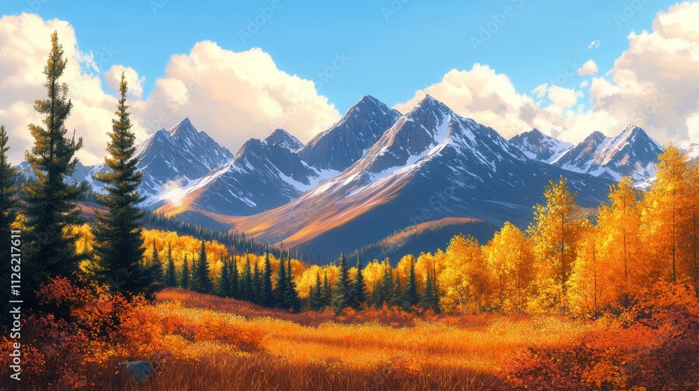 Autumn mountains with golden, red, and orange foliage, crisp air and bright sunshine Autumn mountains with golden, red, and orange foliage, crisp air and bright sunshine