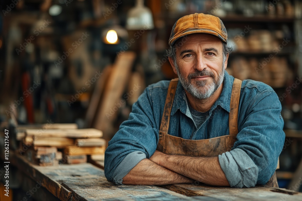 Experienced small business owner in workshop surrounded by woodworking tools and materials Experienced small business owner in workshop surrounded by woodworking tools and materials