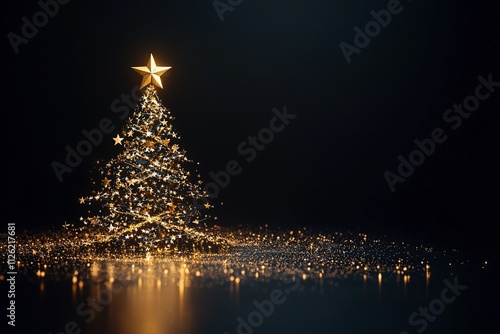 Abstrakter goldener Glitzer Weihnachtsbaum vor schwarzem Hintergrund 