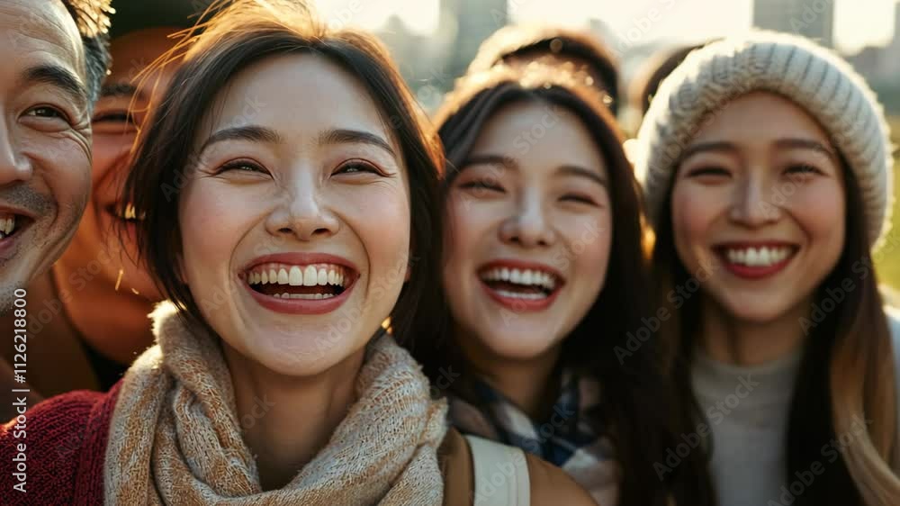 Chinese family man and woman different age smiling standing together at outdoor urban city 