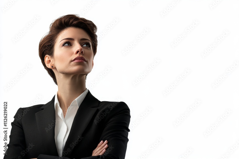 Confident Businesswoman in Black Suit with Arms Crossed Against White Background Looking Upward Confident Businesswoman in Black Suit with Arms Crossed Against White Background Looking Upward