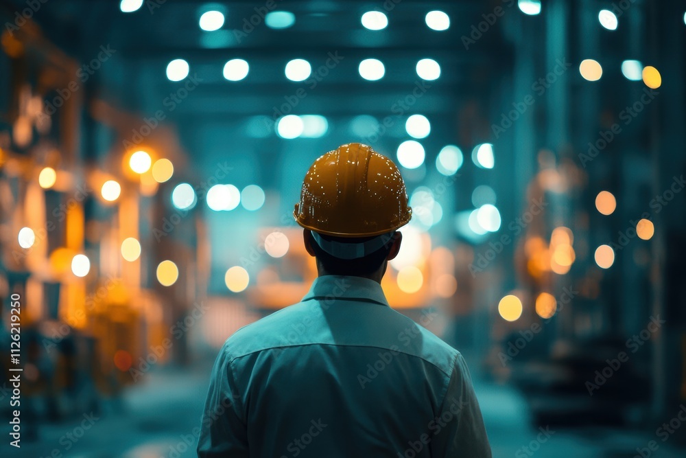 Construction worker observes site operations at night in a well-lit warehouse environment Construction worker observes site operations at night in a well-lit warehouse environment