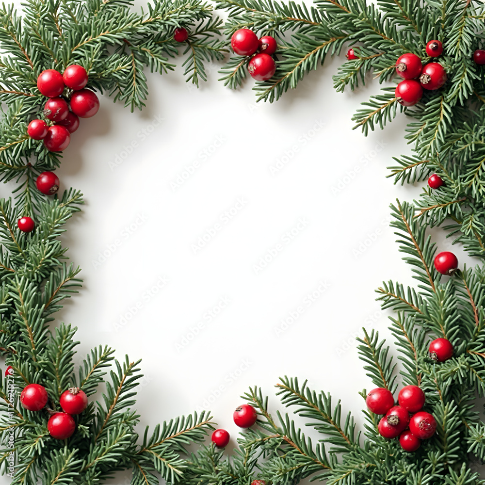 Festive card surrounded by evergreen branches and red berries on a light background. Festive card surrounded by evergreen branches and red berries on a light background.