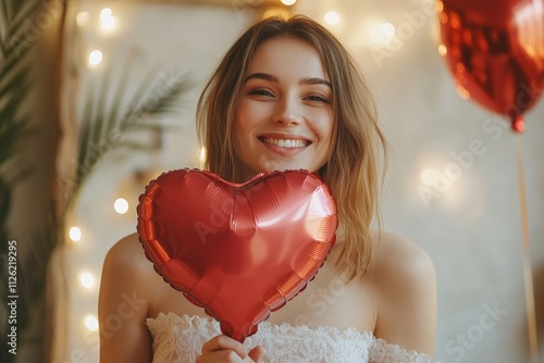 Sexy slim beautiful young woman holding a heart-shaped balloon, celebrating Mother's Day, playful expression, soft indoor lighting, half-body portrait, vibrant festive decor. \ photo