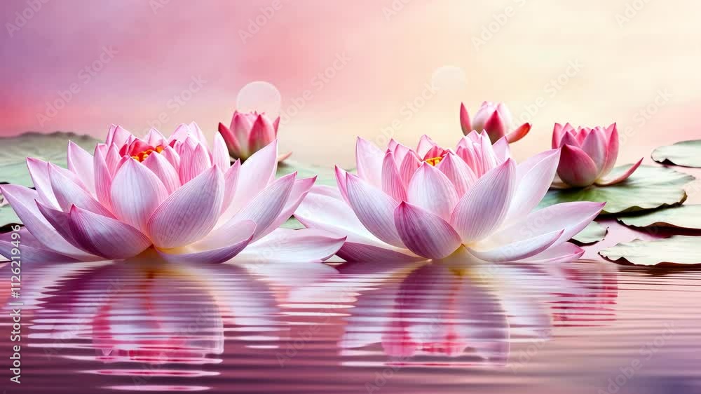 video of pink lotus flowers floating in water in pond, harmony, zen, nature, calm, spa, beauty, meditation, flower background, water lily, petals, lake, river