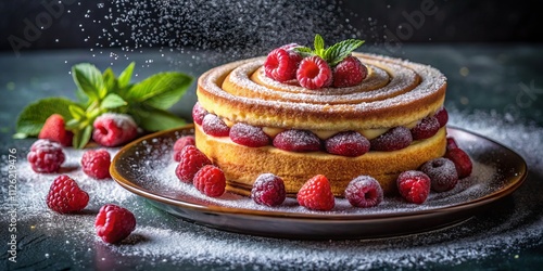 Double Exposure Raspberry Sponge Cake: Spiral Layered Dessert Photography photo