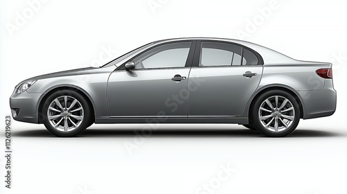 Silver sedan car, side profile view, isolated on white background. (1)