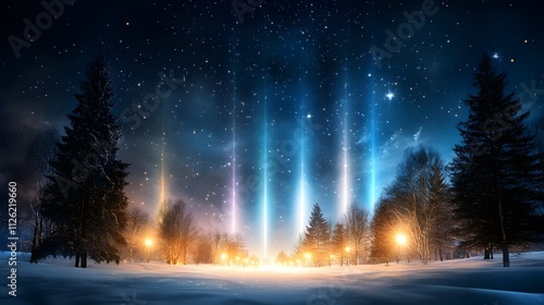 Vertical light pillars illuminate the night sky in a winter landscape capturing nature's beauty and celestial wonders