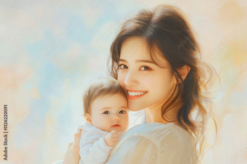 Slim beautiful young woman holding a baby, soft smile, half-body portrait, natural light, Mother's Day theme, pastel background, gentle and heartwarming atmosphere. Slim beautiful young woman holding a baby, soft smile, half-body portrait, natural light, Mother's Day theme, pastel background, gentle and heartwarming atmosphere.