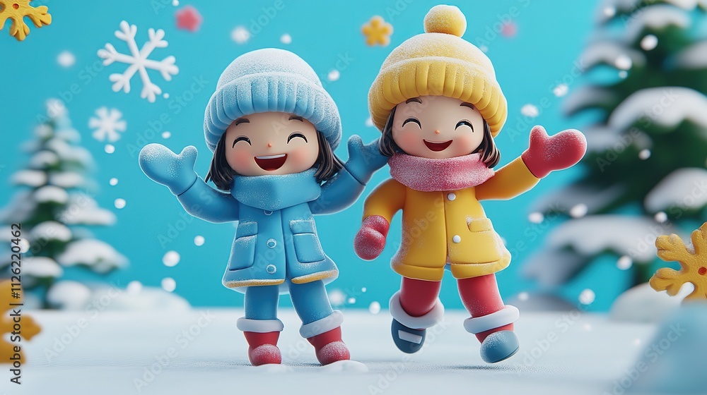 Fototapeta premium Colorful banner featuring two children in winter clothes joyfully playing in the snow. The kids are dressed warmly in coats, scarves, mittens, and boots, with snowflakes falling, illustration. 8k