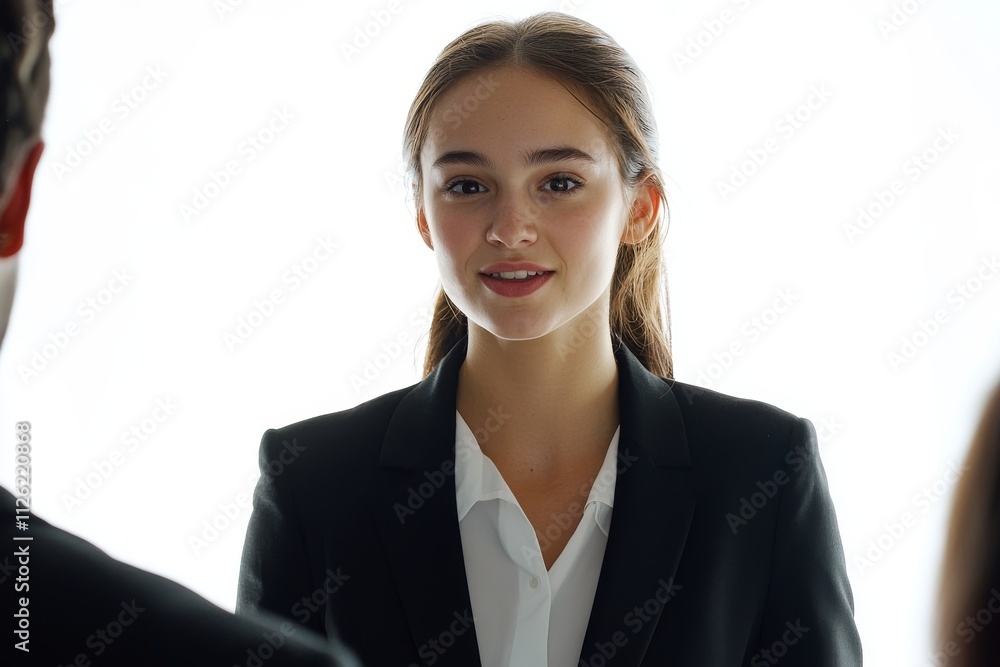A woman in a business suit is smiling at the camera A woman in a business suit is smiling at the camera