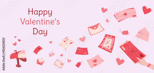 Flat cute valentine's day mail concept, modern style hand sends romantic letter flyer template, trendy craft post card romance design, cartoon handmade envelope template, love postcard background.