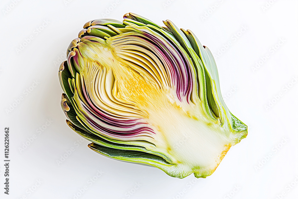 Obraz premium Selective focus cut section of fresh artichoke isolated on white background, Close up shot sliced of artichoke blossom on white.