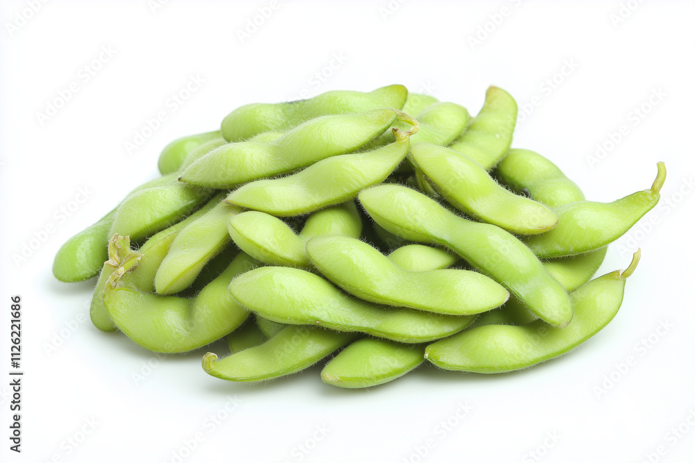 Selective focus pile of green edamame isolated on white background, Close up shot pile of green soy bean on white. Selective focus pile of green edamame isolated on white background, Close up shot pile of green soy bean on white.