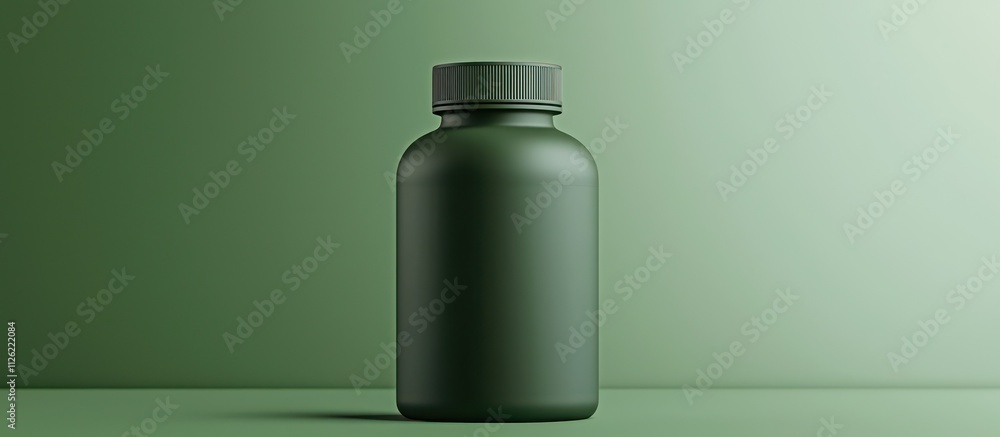 Green supplement bottle mockup shown at a slight tilt, isolated on a green background with no labels. Green supplement bottle mockup shown at a slight tilt, isolated on a green background with no labels.