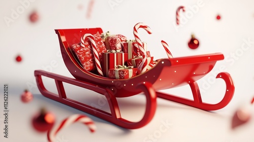 Red Sleigh Filled with Gifts and Candy Canes on a White Background

 photo