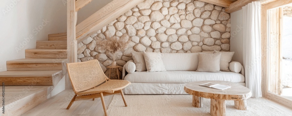 Scandinavian Living Room Featuring Natural Stone Accent Wall and Cozy Furniture Arrangement Scandinavian Living Room Featuring Natural Stone Accent Wall and Cozy Furniture Arrangement