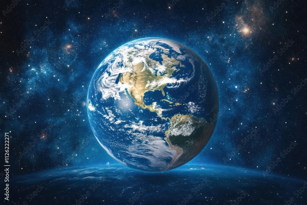 Obraz premium Beautiful depiction of Earth from space showcasing continents and ocean details against a starry backdrop