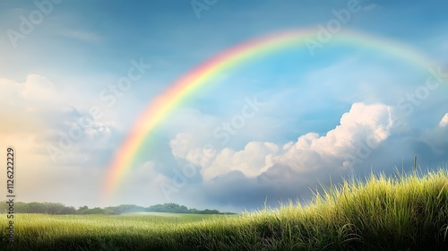 Vibrant rainbow arching over rural countryside landscape nature photography scenic environment peaceful viewpoint photo