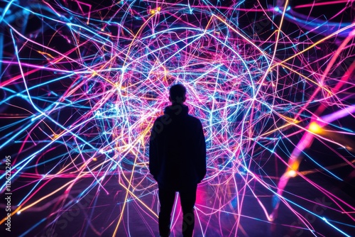 A striking image of a person standing at the center of a web made of neon threads, each thread leading to different symbols of modern life like social media, work photo