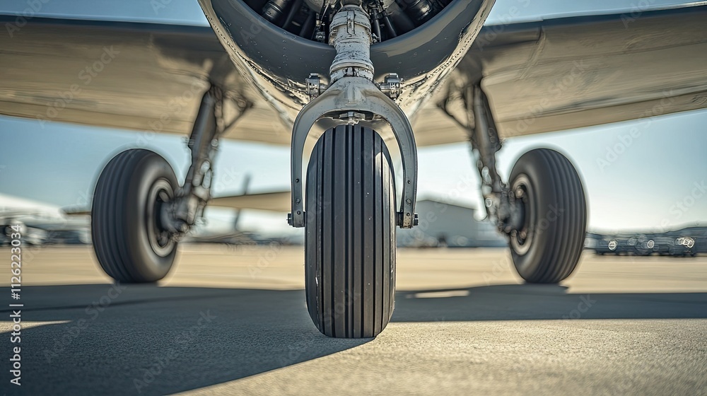 Fototapeta premium Close-up of an airplane's front landing gear parked on a sunny tarmac, with soft shadows