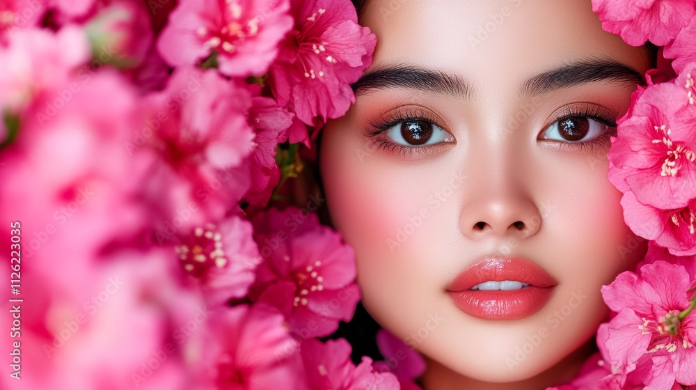 Woman is surrounded by pink flowers and her face is the main focus of the image. The flowers are arranged in a way that makes her look like she is hiding behind them. Scene is soft and romantic Woman is surrounded by pink flowers and her face is the main focus of the image. The flowers are arranged in a way that makes her look like she is hiding behind them. Scene is soft and romantic