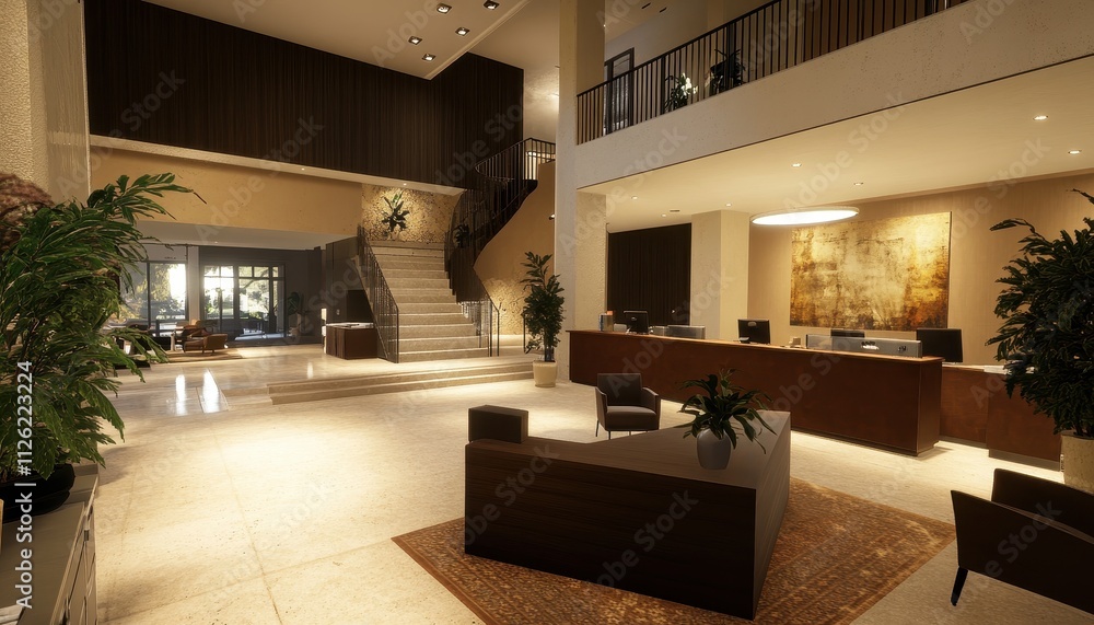 Fototapeta premium Luxurious Hotel Lobby with Elegant Decor and Warm Lighting