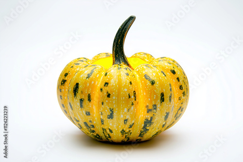 Selective focus whole yellow pumpkin isolated on white background, Close up shot fresh harvest pumpkin with rough skin.