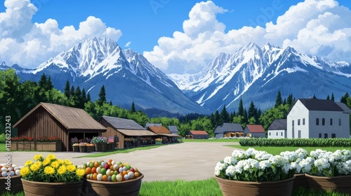 A Canadian Easter market with stalls selling painted eggs, maple treats, and spring flowers, set in a quaint village square surrounded by snow-capped mountains  photo