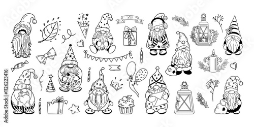 Cute dwarf collection with festive elements in outline style
