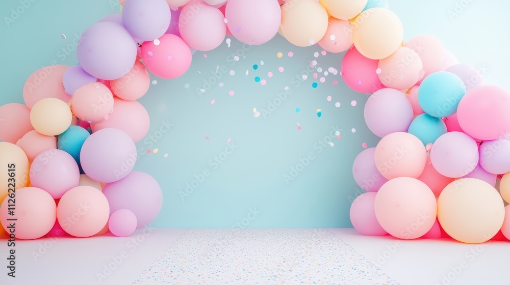 An archway made of colorful balloons with cascading confetti, creating a grand entrance for a party or event. The image emphasizes the vibrant colors and celebratory feel, ideal for weddings or An archway made of colorful balloons with cascading confetti, creating a grand entrance for a party or event. The image emphasizes the vibrant colors and celebratory feel, ideal for weddings or