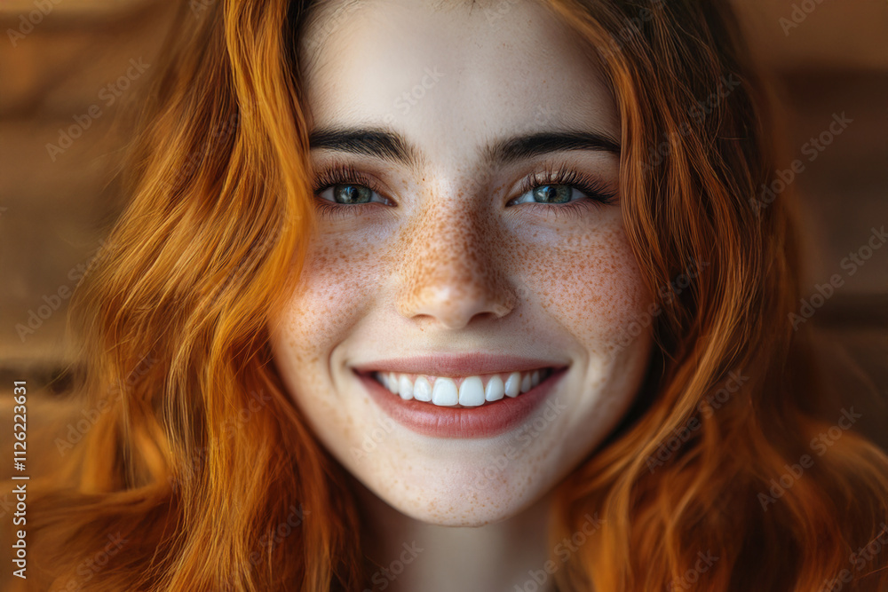 Smiling young woman with red hair and freckles enjoying a joyful moment indoors Smiling young woman with red hair and freckles enjoying a joyful moment indoors
