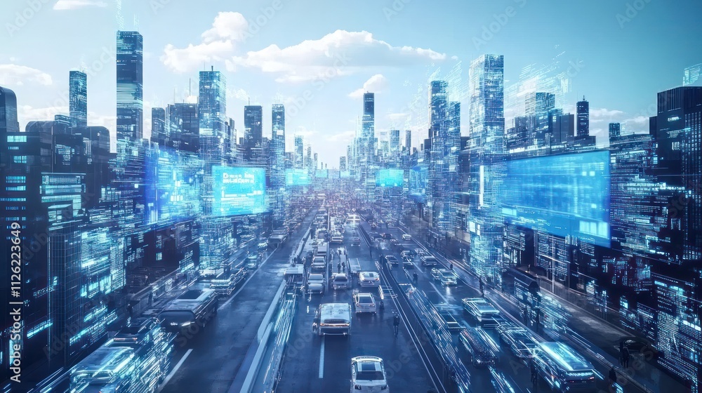 Digital hologram of a sprawling metropolis with towering holographic billboards, glowing data towers, and autonomous flying cars, futuristic technology, daytime scene, ultra-detailed Digital hologram of a sprawling metropolis with towering holographic billboards, glowing data towers, and autonomous flying cars, futuristic technology, daytime scene, ultra-detailed