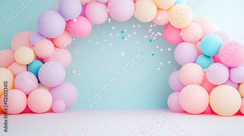 An archway made of colorful balloons with cascading confetti, creating a grand entrance for a party or event. The image emphasizes the vibrant colors and celebratory feel, ideal for weddings or