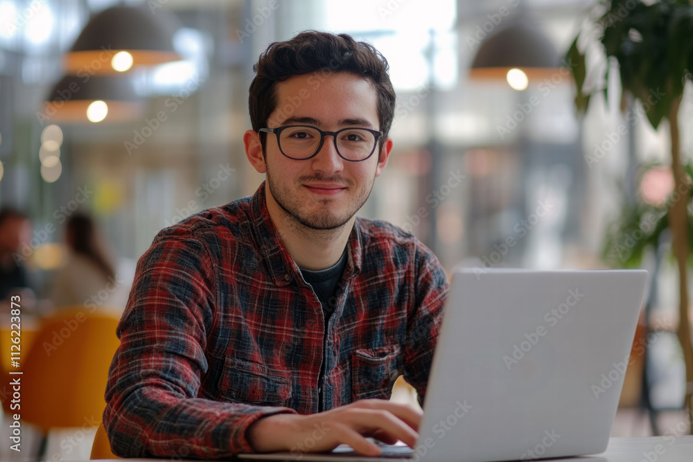 Creative man using laptop in a bright workspace with warm lighting and modern design Creative man using laptop in a bright workspace with warm lighting and modern design