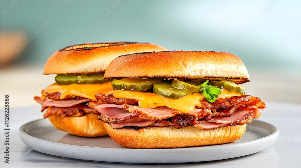 Savory cuban sandwich delight with roast pork and ham kitchen table food photography bright indoor setting culinary art concept for food lovers Savory cuban sandwich delight with roast pork and ham kitchen table food photography bright indoor setting culinary art concept for food lovers