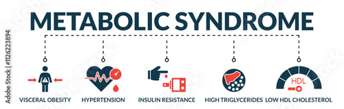 Banner of metabolic syndrome web vector illustration concept with icons of visceral obesity, hypertension, insulin resistance, high triglycerides, low hdl cholesterol
