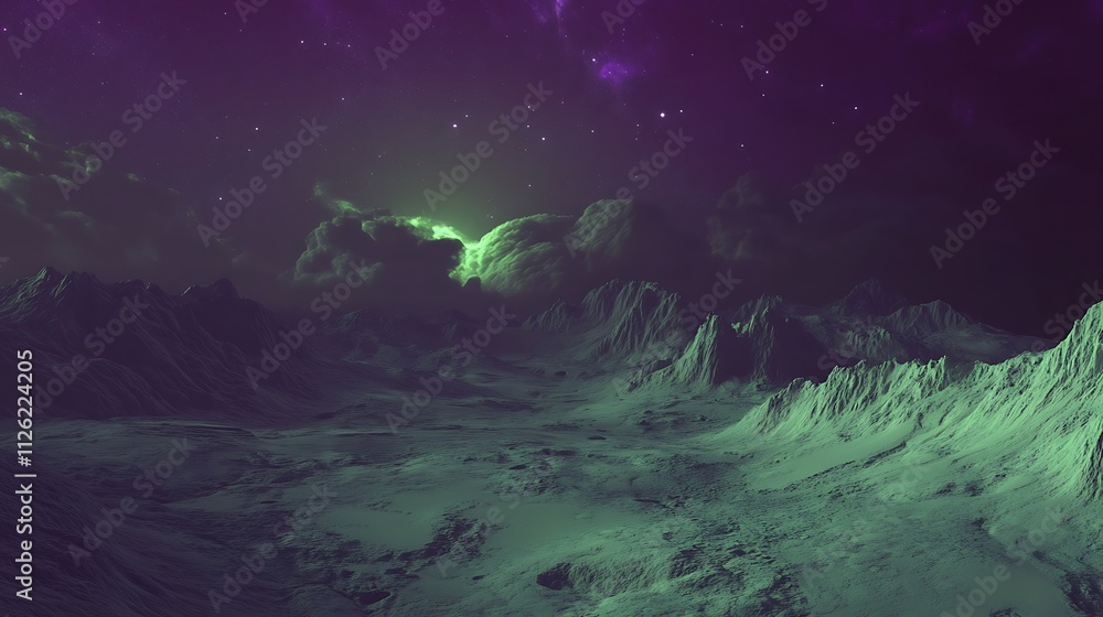 Fototapeta premium A surreal alien landscape with mountains and a vibrant sky.