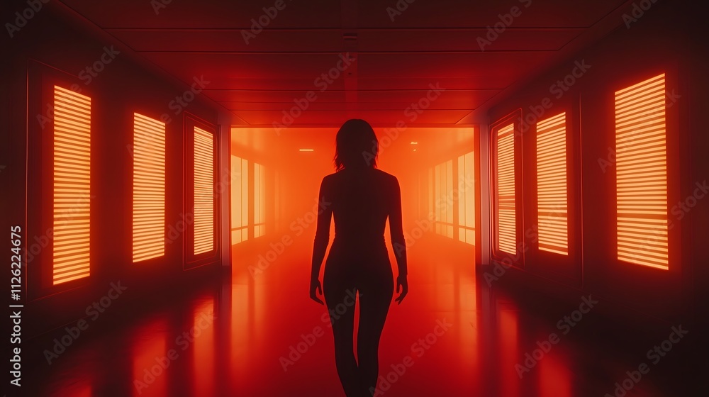 Silhouette of a woman walking down a glowing red corridor, symbolizing mystery and futuristic exploration. Silhouette of a woman walking down a glowing red corridor, symbolizing mystery and futuristic exploration.
