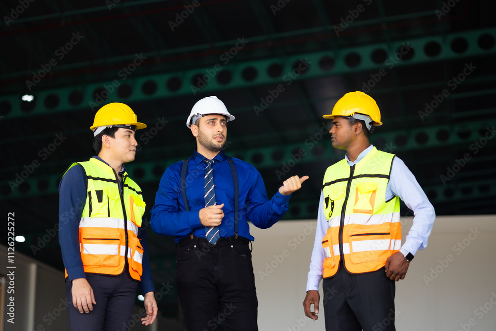 Group Ethnic diversity engineering team worker people, Success teamwork. Group of professional engineering people wearing hardhat safety helmet meeting discussion in new project at warehouse factory Group Ethnic diversity engineering team worker people, Success teamwork. Group of professional engineering people wearing hardhat safety helmet meeting discussion in new project at warehouse factory