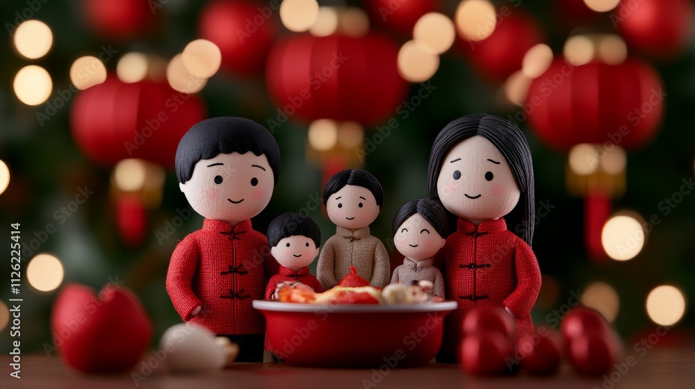 A cozy Chinese New Year scene with a family gathered around a hotpot meal, red decorations hanging in the background, and glowing lanterns overhead A cozy Chinese New Year scene with a family gathered around a hotpot meal, red decorations hanging in the background, and glowing lanterns overhead