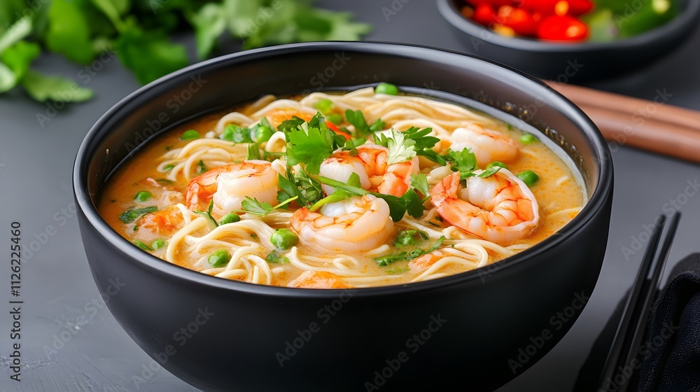 Savoring spicy malaysian laksa soup with shrimp and noodles culinary delight kitchen setting close-up view flavorful experience Savoring spicy malaysian laksa soup with shrimp and noodles culinary delight kitchen setting close-up view flavorful experience