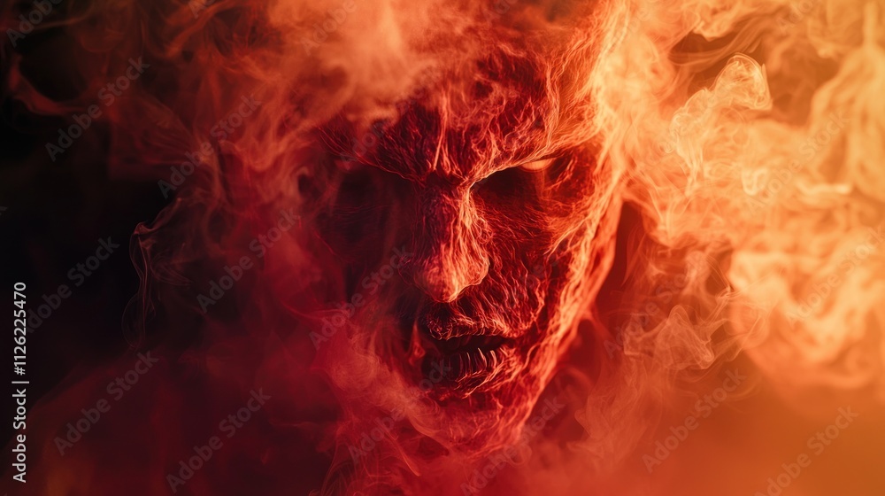 Fototapeta premium Infernal Visage: A fiery portrait of a demonic entity emerging from swirling smoke and flames, a chilling vision of the underworld.