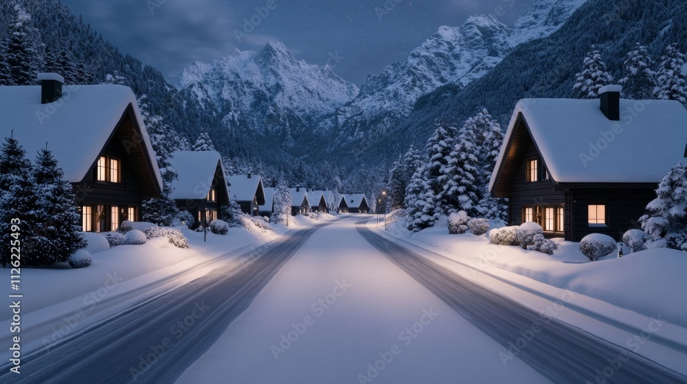 Fototapeta premium A cozy European Christmas scene in a small village in the Swiss Alps, with snow-covered chalets, glowing windows, and a snowy mountain backdrop under a starry night