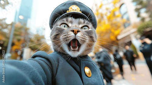 Funny Cat Dressed as Police Officer Takes a Selfie Outdoors