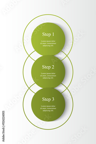 Step by step green vertical infographic template with 3 steps, options, parts or processes.