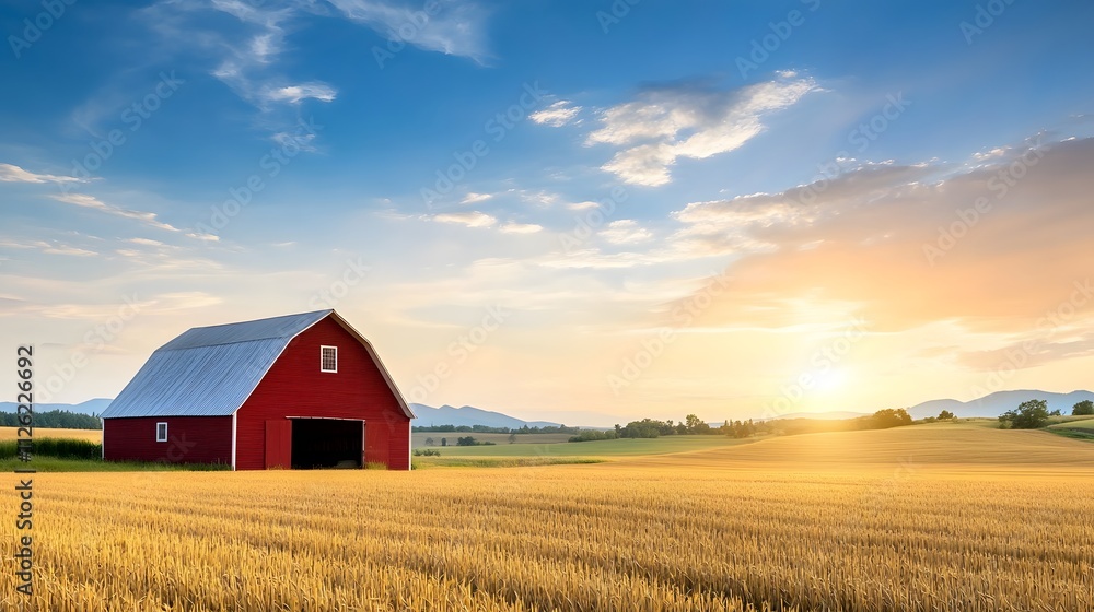 Golden fields and red barn at sunset serene farm landscape rural environment tranquil viewpoint for nature photography Golden fields and red barn at sunset serene farm landscape rural environment tranquil viewpoint for nature photography