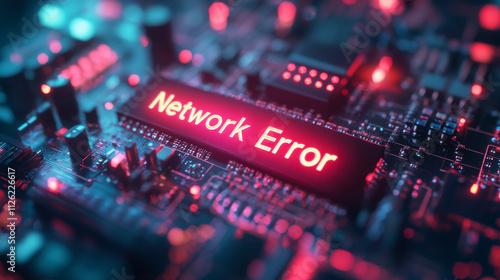 Close-up of network error on circuit board with neon lights
